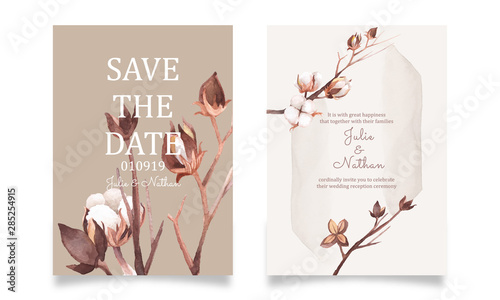 dried plant illustration arrangement. vector of cotton flowers in watercolour style for card and wedding invitation decoration. autumn wedding invitation template. 