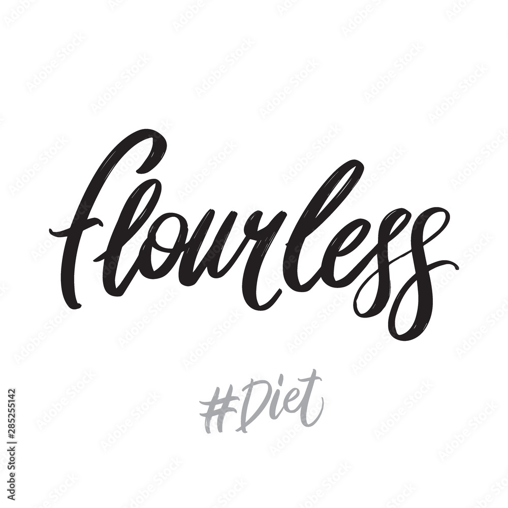 Diet hand written lettering words: flourless. Healthy food vector design on white background