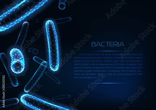 Futuristic glowing low polygonal medicine web banner template with 3d bacilli bacteria.