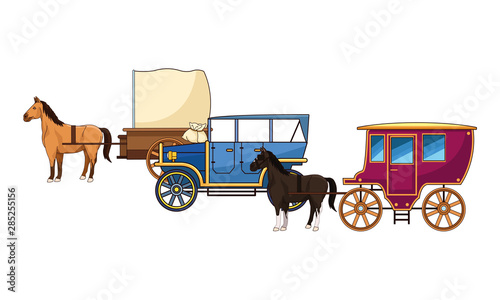 Classic cars and horse carriages vehicles