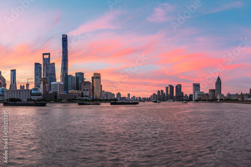Shanghai skyline and modern buildings at sunrise China.