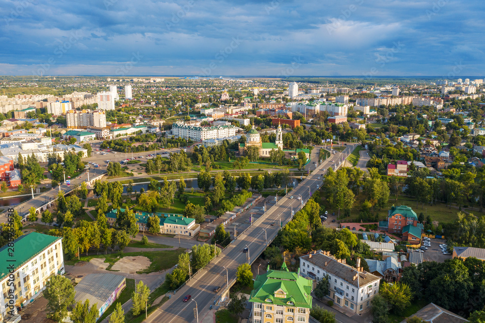 Aerial Panoramic view of historic center of Oryol or Orel city, Russia with bridge, Oka river, historical buildings and Orthodox temples Aerial Panoramic view of historic center of Oryol or Orel city, Russia with bridge, Oka river, historical buildings and Orthodox temples