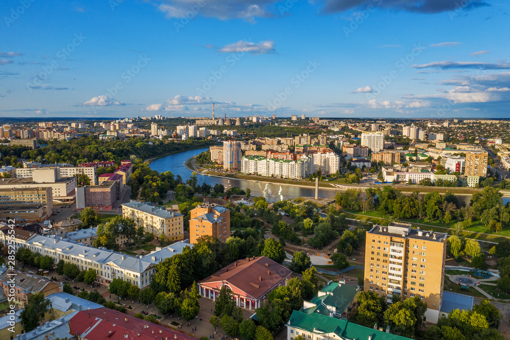 Aerial Panoramic view of historic center of Oryol or Orel city, Russia with bridge, Oka river, historical buildings and Orthodox temples