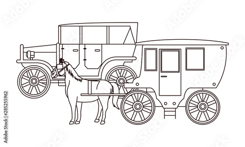 Classic cars and horse carriages vehicles in black and white