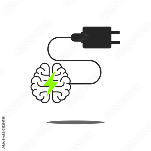 Human brain is connected with a charger. Recharge brain concept. 