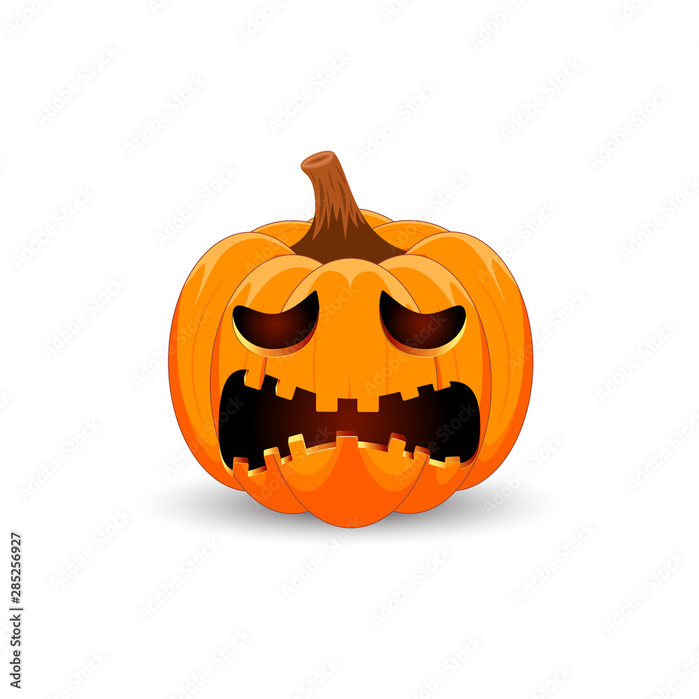 Fototapeta premium Pumpkin on white background. The main symbol of the Happy Halloween holiday. Orange pumpkin with smile for your design for the holiday Halloween. Vector illustration.