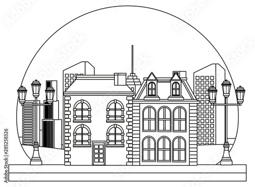Urban buildings and city architecture in black and white