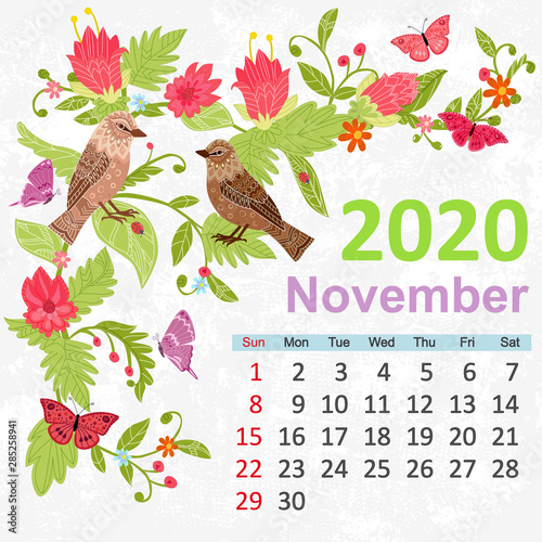 template with couple of beautiful birds. Calendar for 2020, nove