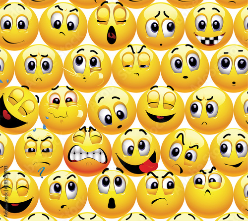 Smiling balls with different face expression stuck with each other in a group.