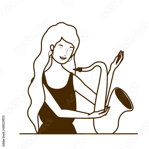 silhouette of woman with saxophone on white background