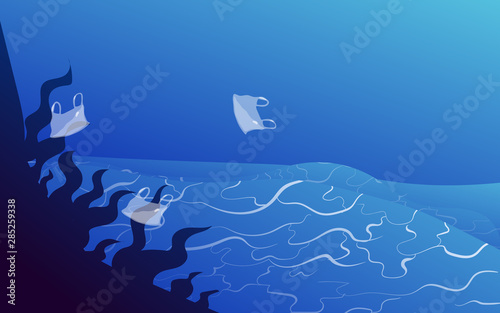 plastic pollution illustration trash under the sea Template with different kinds of garbage  bags  wastes  and plastic utensils in the ocean