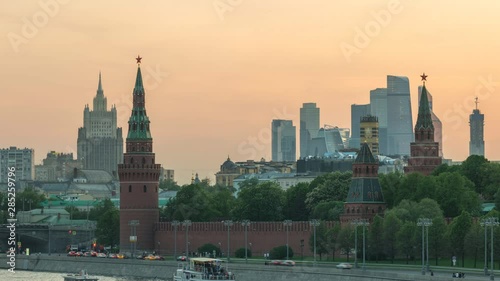 Moscow Russia time lapse 4K, city skyline sunset timelapse at Kremlin Palace with business center district and Moscow River