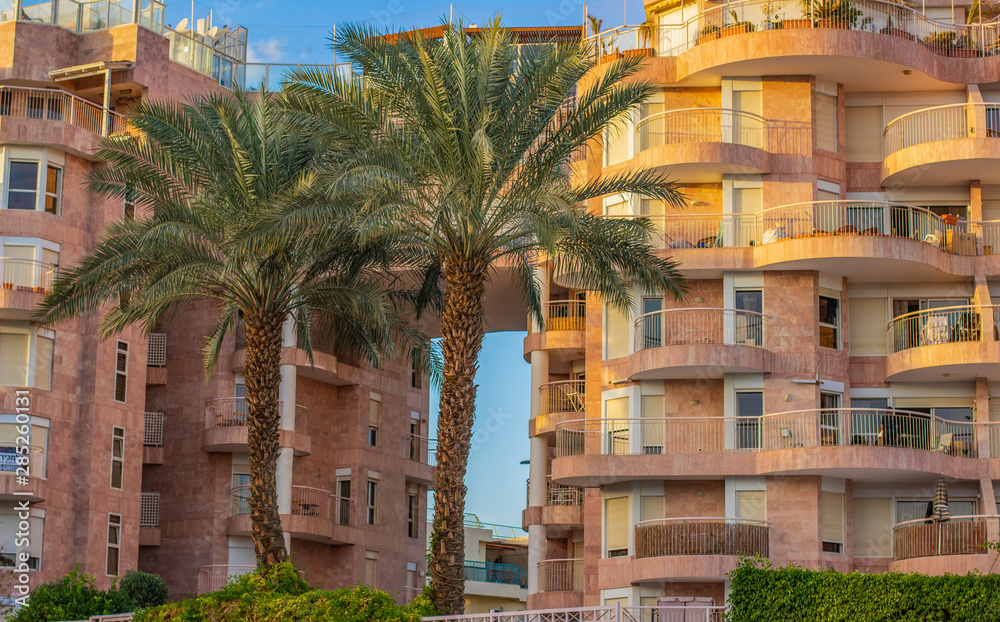 Arabic hotel building apartments and palm trees outdoor scenic view of Middle East summer vacation destination place near Red sea