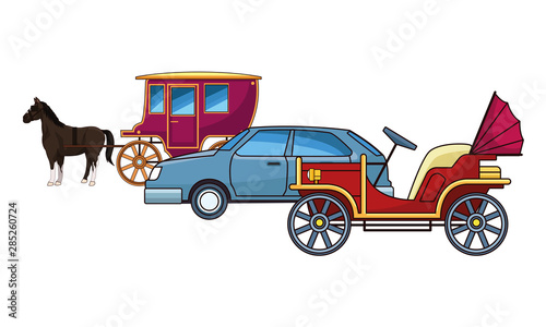Classic cars and horse carriages vehicles