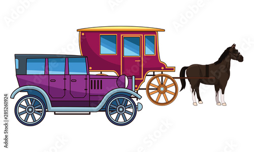 Classic cars and horse carriages vehicles