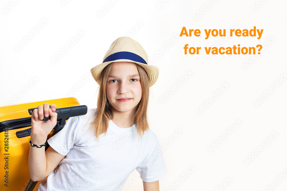 young attractive girl with a suitcase and a hat. On a white text - are you ready for vacation young attractive girl with a suitcase and a hat. On a white text - are you ready for vacation