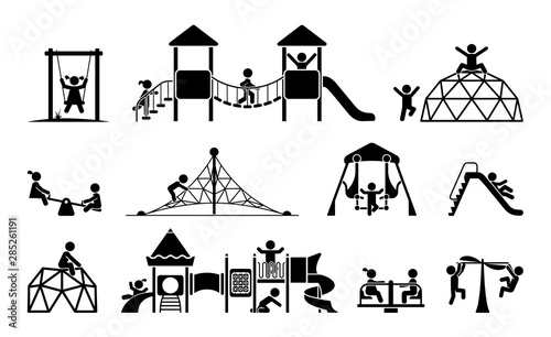 Children play on playground. Kid playground equipment icons. Childhood pictogram icon set. photo