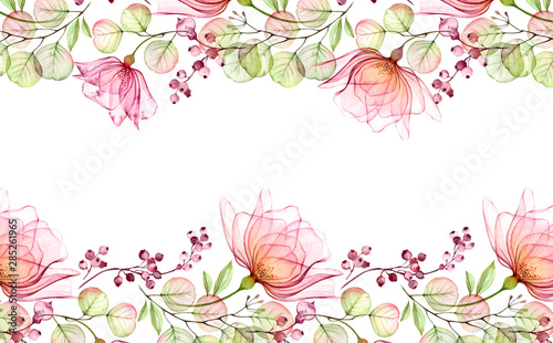 Fototapeta Naklejka Na Ścianę i Meble -  Transparent watercolor rose. Horizontal floral frame. Isolated hand drawn arrangement with big flowers and berries for wedding design, stationery card print
