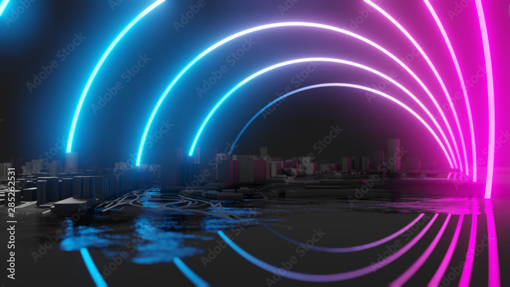 Fototapeta Futuristic night city. Cyberpunk style 3D illustration