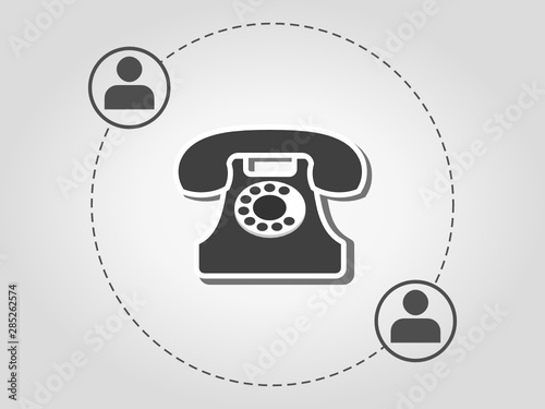 Vintage phone on the gray with icons of two persons. Two people communicate. Communication, customer service, concept. Vector illustration, flat style, clip art
