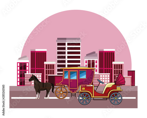 Classic cars and horse carriages vehicles