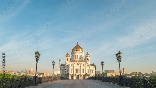 Moscow Russia time lapse 4K, city skyline motion timelapse or hyperlapse at Cathedral of Christ the Saviour and bridge over Moscow River