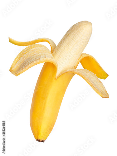 Half peeled banana isolated on white background