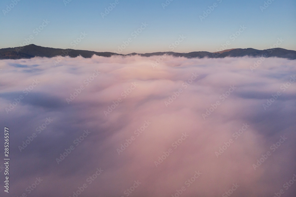 Summer aerial landscape above the fog