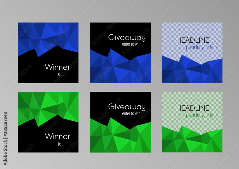 Set of six modern polygonal banners for social media page with place for photo, giveaway and winner vector square templates. Standard scaled size. Poly elements at the black background