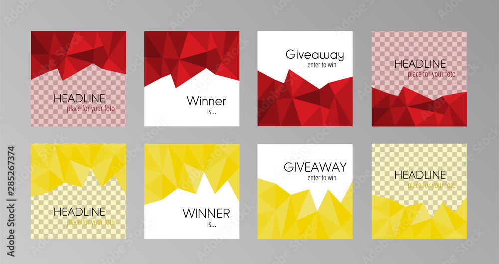 Set of modern polygonal bright banners for social media page with place for photo, giveaway and winner stylish square templates. Vector illustration, standard scaled size