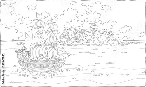 Treasure island and a sea pirate sailing ship with guns and a black flag of Jolly Roger with bones on its main mast in chase, black and white vector illustration in a cartoon style