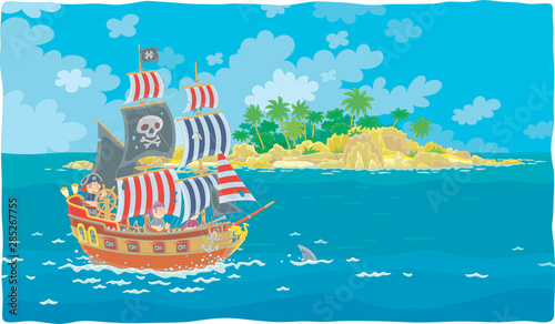 Treasure island and a sea pirate sailing ship with guns and a black flag of Jolly Roger with bones on its main mast in chase, vector illustration in a cartoon style
