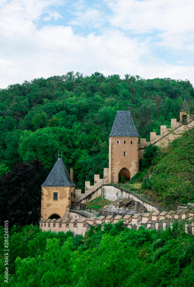 Towers and protective wall of the Karlstejn castle in the Czech Republic