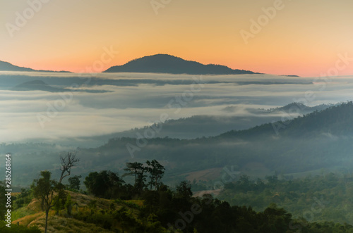Fog and complex of mountain landscape with colorful twilight.
