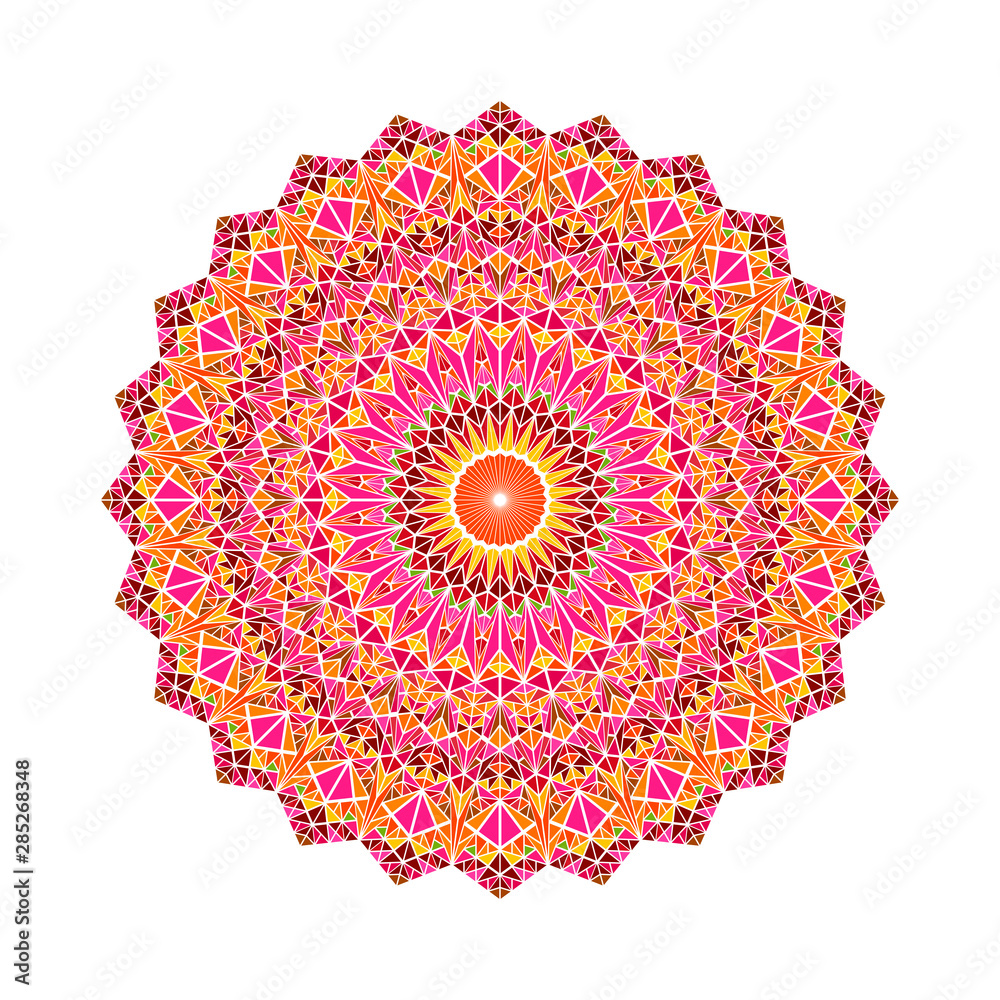 Obraz premium Ornate colorful geometrical triangle mosaic mandala - circular polygonal abstract round vector graphic on white background