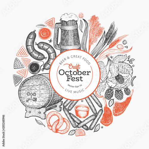 Octoberfest design template. Vector hand drawn illustrations. Greeting Beer festival card in retro style. Autumn background.