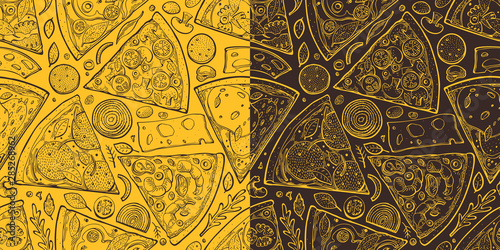 Pizza slices seamless pattern. Hand drawn vector Italian food illustration. Engraved style retro food background. Retro fast food banner.