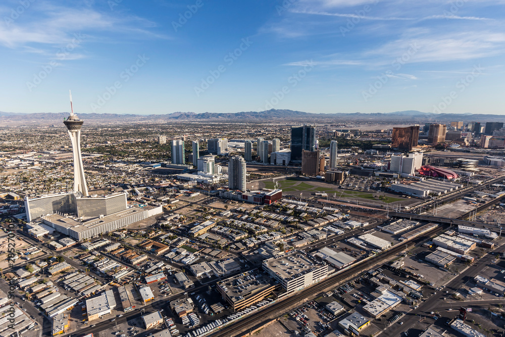 Aerial view of Stratosphere Tower and other casino resorts along the Las  Vegas Strip on March 13, 2017 in Las Vegas, Nevada, USA. Stock-Foto | Adobe  Stock