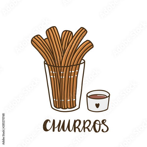 Churros with chocolate. Churros (or churro) is a traditional Spanish dessert. It can be used for menu, sign, banner, poster, etc.