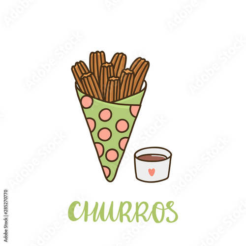 Churros with chocolate. Churros (or churro) is a traditional Spanish dessert. It can be used for menu, sign, banner, poster, etc.