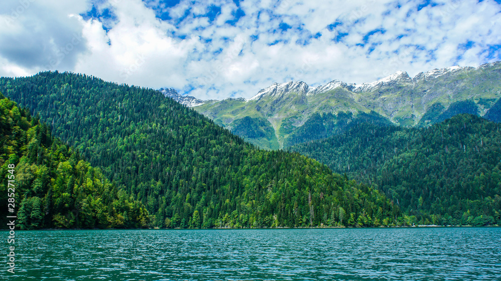 Natural landscape with lake Ritsa and beautiful mountains Natural landscape with lake Ritsa and beautiful mountains