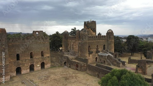 Aerial view of beautiful Royal Enclosure (fort) in Gondar, landmark historic structure and popular tourist attraction in Ethiopia