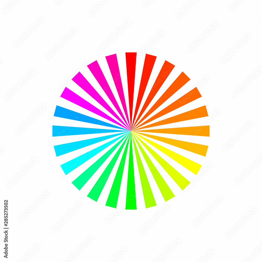 Colorful rainbow color abstract sunburst circle pattern on white background.