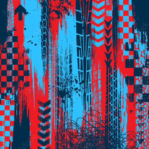 Background with grunge red and blue tire tracks and ink blots