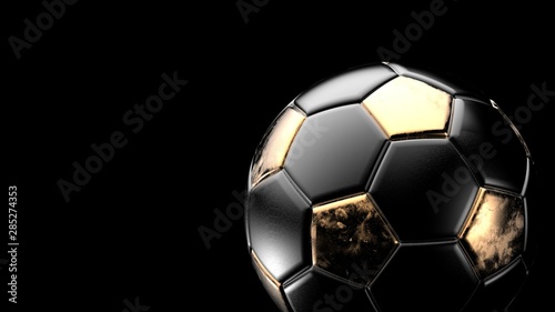 Naklejka Golden and black soccer metal ball isolated on black background. Football 3d render