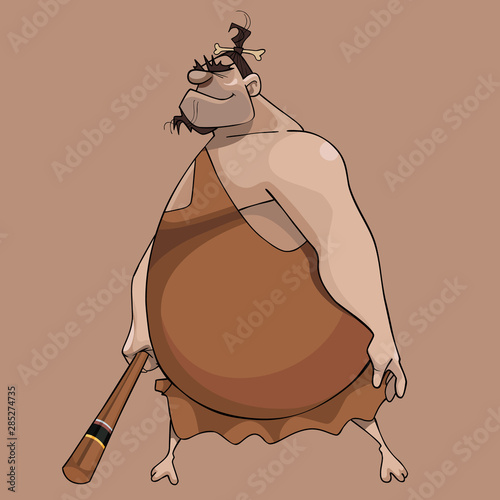cartoon huge fat man in neanderthal clothes with a bat in his hand