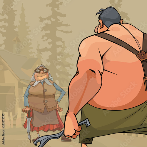 confrontation cartoonish village grandma against a big man