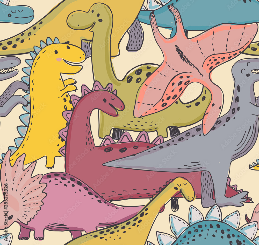 Obraz premium Vector seamless pattern wit dinosaur. Cute baby, childish simple print.