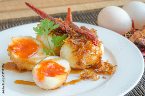 Thai Cuisine,Sweet and sour eggs,(Fried Egg with Tamarind Sauce)