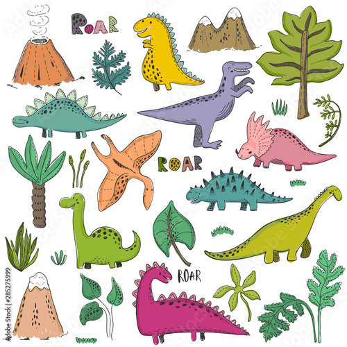 Vector collection of hand drawn dinosaurs  tropical leaves trees and plants.